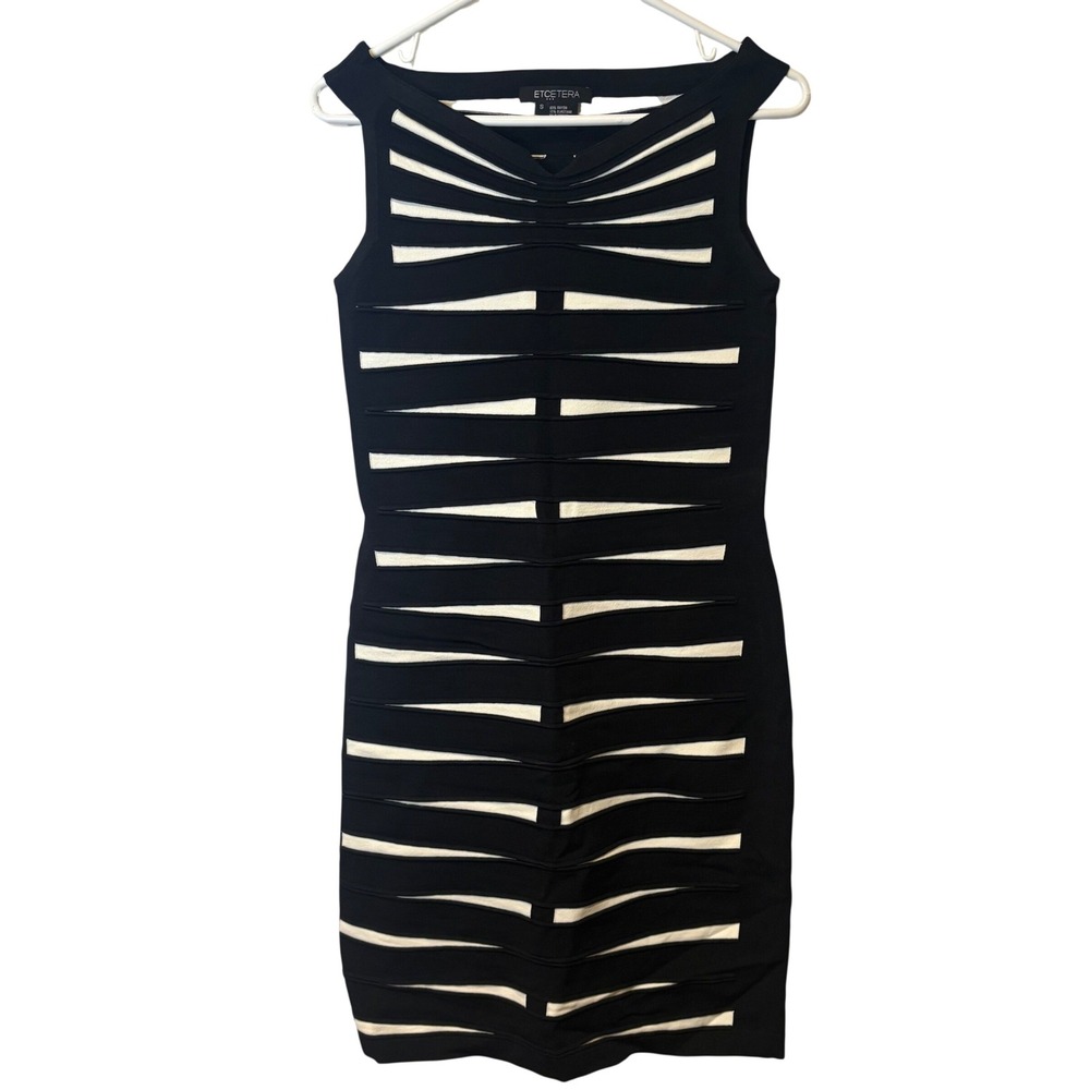 Etcetera Black White Bandage Stretch Sheath Dress Sleeveless Knit Size S